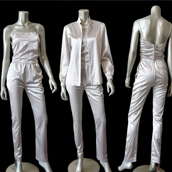 Vintage Pants - Vintage 70s Space Legs Silver Disco Jumpsuit Small W/Pockets 2 Piece Shirt Top